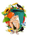  1boy against_object animal bird black_shorts border closed_mouth crow elbow_on_knee elbow_rest fading_border flower haikyuu!! hair_over_one_eye hand_on_own_shoulder head_rest highres hinata_shouyou jiuniaoshan leaf leaning_forward light_blush light_smile male_focus on_ground orange_eyes orange_hair outside_border round_image shirt shoes short_hair short_sleeves shorts simple_background sitting sneakers solo sunflower t-shirt three_quarter_view trash_can upturned_eyes very_short_hair volleyball white_background white_footwear white_shirt 