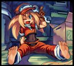  1girl alternate_universe barefoot blonde_hair box commission fan_art green_eyes mega_man_legends mogy64 red_hat red_jacket red_pants roll_caskett soles toes wink wiring wrench 