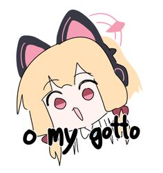  1girl animal_ear_headphones animal_ears blonde_hair blue_archive cat_ear_headphones fake_animal_ears gorokara halo headphones meme momoi_(blue_archive) oh_my_gotto_(meme) open_mouth pink_eyes pink_halo simple_background solo white_background 