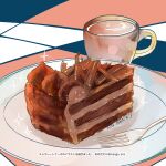  cake cake_slice chocolate_cake coffee coffee_mug cup food food_focus fork highres icing manga_eris mug no_humans original plate 