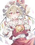  1girl ascot blonde_hair blush cowboy_shot crystal_wings dress flandre_scarlet hat highres mob_cap pointy_ears puffy_short_sleeves puffy_sleeves red_dress red_nails short_sleeves side_ponytail simple_background solo sorani_(kaeru0768) touhou white_background wrist_cuffs yellow_ascot 