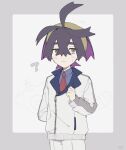  1boy ? arm_behind_back black_hair blue_shirt blush closed_mouth collared_shirt crossed_bangs furret hairband jacket kieran_(pokemon) long_sleeves male_focus pokemon pokemon_sv purple_hair shirt simple_background to_ske yellow_eyes 