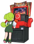  1girl arcade_cabinet boxing_gloves facing_away from_behind green_footwear green_hair green_shorts hand_up heel_up highres long_hair okepi overall_shorts overalls puffy_short_sleeves puffy_shorts puffy_sleeves shirt shoes short_sleeves shorts simple_background solo standing strength_tester_machine voicevox white_background white_shirt zundamon 