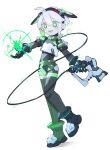  1girl absurdres bright_pupils cable cheri_zao cropped_shirt energy full_body green_eyes green_hair gun highres holding holding_gun holding_weapon multicolored_hair original robot_girl shirt short_hair simple_background solo two-tone_hair weapon white_background white_hair white_shirt 