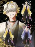  1boy :q abs absurdres algorhythm_project black_hair black_kimono blonde_hair cape dacapo_(algorhythm_project) grey_hair hair_over_eyes highres japanese_clothes kimono long_sleeves male_focus muscular muscular_male one_eye_closed smile solo teeth tongue tongue_out virtual_youtuber yuarima2 