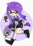  1boy 1girl artist_name black_footwear boots border bow bow_hairband burst_bomb_(splatoon) commentary crab_tank_(splatoon) cross-laced_footwear dark-skinned_male dark_skin gun hair_bow hairband holding holding_gun holding_weapon husanikity inkling inkling_boy inkling_girl inkling_player_character long_hair open_mouth outside_border pointy_ears purple_bow purple_hair purple_hairband round_border splash-o-matic_(splatoon) splatoon_(series) splatoon_3 symbol-only_commentary tentacle_hair twitter_username violet_eyes weapon white_border 