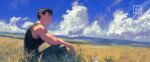  1boy absurdres berserk black_hair black_tank_top clouds cloudy_sky commentary day english_commentary from_side guts_(berserk) highres landscape male_focus maskoo185826 mountainous_horizon outdoors profile short_hair sitting sky solo tank_top 