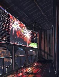  absurdres aerial_fireworks balcony fireworks highres light night night_sky no_humans original painting_(medium) railing sanegesan scenery shadow sky traditional_media wooden_floor wooden_railing wooden_wall 