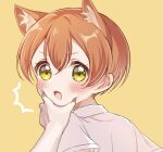  1girl 1other animal_ears blush cat_ears commentary_request from_behind hair_between_eyes hand_on_another&#039;s_cheek hand_on_another&#039;s_face hoshizora_rin looking_at_viewer love_live! love_live!_school_idol_project open_mouth orange_hair osono_(jpku7757) portrait pov pov_hands shirt short_hair short_sleeves sidelocks upper_body v-shaped_eyebrows white_shirt yellow_background yellow_eyes 