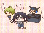  3boys amami_rantaro amami_rantaro_(cosplay) annoyed antenna_hair arrow_(symbol) beanie black_eyes black_footwear black_hat black_jacket black_scarf blue_headphones blue_shirt blush_stickers brown_hair brown_pants checkered_clothes checkered_scarf chibi cigarette closed_mouth collared_jacket colored_tips commentary_request cosplay danganronpa_(series) danganronpa_v3:_killing_harmony ear_piercing earrings fake_horns furrowed_brow green_hair hair_between_eyes hand_on_own_cheek hand_on_own_face hat headphones_over_headwear horned_headwear horns hoshi_ryoma jacket jewelry lapels leather leather_jacket light_blush long_sleeves male_focus motion_lines mouth_hold multicolored_hair multiple_boys multiple_bracelets multiple_piercings nervous_smile notched_lapels o3o oma_kokichi outstretched_arms oversized_clothes pale_skin pants patterned_background pendant piercing pocket purple_hair record scarf shirt shoes short_hair simple_background smile solid_oval_eyes standing striped_clothes striped_shirt stud_earrings sunglasses sweatdrop translation_request turntable two-tone_scarf unmoving_pattern v-shaped_eyebrows white_scarf white_undershirt yellow_background yumaru_(marumarumaru) zipper 
