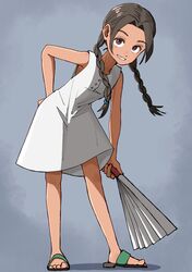  1girl abenobashi_mahou_shoutengai absurdres asahina_arumi black_hair braid brown_eyes commentary_request dress full_body grey_background grin haldeco hand_fan harisen highres holding leaning_forward long_hair sandals shoes simple_background sleeveless sleeveless_dress smile standing twin_braids white_dress 
