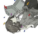  1boy akechi_gorou black_eyes black_pants brown_hair closed_mouth collared_shirt confetti expressionless gelato1014 grey_jacket hair_between_eyes highres jacket long_sleeves lying male_focus necktie on_back open_suitcase pants persona persona_5 shirt short_hair simple_background solo striped_necktie white_background white_shirt 