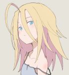 1girl ahoge blonde_hair blue_camisole blue_eyes camisole colored_inner_hair commentary do_it_yourself!! grey_background hair_between_eyes hair_down juliet_queen_elizabeth_viii kayabakoro long_hair looking_at_viewer messy_hair multicolored_hair simple_background solo strap_slip 