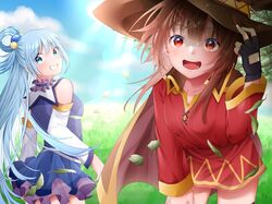  2girls aqua_(konosuba) black_gloves blue_dress blue_eyes blue_hair blue_sky brown_hair brown_hat cape clouds cloudy_sky commentary detached_sleeves dress fingerless_gloves from_behind gloves grass grin hat kono_subarashii_sekai_ni_shukufuku_wo! leaning_forward long_hair looking_at_viewer looking_back megumin multiple_girls open_mouth outdoors red_dress red_eyes rex sky sleeveless sleeveless_dress smile standing very_long_hair white_sleeves witch_hat 