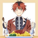  1boy bandaged_arm bandages black_hair broccoli closed_eyes commentary eating egg facing_viewer fingerless_gloves food food_on_face gloves highres holding holding_spoon jacket male_focus multicolored_hair omelet omurice plate redhead single_fingerless_glove single_glove smile solo sousou_no_frieren spoon stark_(sousou_no_frieren) tanny_v 