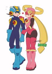  1boy 1girl black_bodysuit blonde_hair blue_bodysuit blue_footwear blue_helmet bodysuit boots brown_hair closed_eyes couple full_body green_eyes heart helmet hetero highres leotard long_hair medium_hair mega_man_(series) mega_man_battle_network_(series) megaman.exe netnavi pink_footwear pink_helmet pink_leotard roll.exe_(mega_man) signature simple_background spiky_hair standing white_background ya0_40 