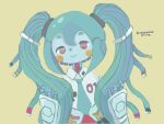  1girl aqua_hair blush borrowed_design cable_hair draw_this_in_your_style_challenge green_background hands_up hatsune_miku highres horijion long_hair miku_day parted_lips red_eyes shadow simple_background smile solo twintails twitter_username vocaloid 