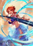  1girl arm_tattoo armlet bra commentary_request copyright_name floating_clothes hair_bun holding holding_weapon log_pose looking_at_viewer motion_lines nami_(one_piece) navel nijimaarc official_art one_piece one_piece_card_game orange_hair side_slit sidelocks skirt smoke solo tattoo tongue tongue_out underwear weapon 