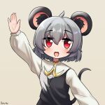  1girl absurdres animal_ear_fluff animal_ears arm_up blush commentary cookie_(touhou) crystal english_commentary grey_background grey_hair grey_skirt grey_vest hair_between_eyes highres jewelry long_sleeves looking_at_viewer medium_bangs mouse_ears mouse_girl mouse_tail nazrin nyon_(cookie) open_mouth pendant pileofsnow red_eyes shirt short_hair simple_background skirt skirt_set smile solo tail touhou upper_body vest waving white_shirt 