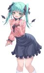  1girl absurdres commentary ear_piercing fangs hair_ornament hatsune_miku heart highres jewelry long_hair long_sleeves looking_at_viewer mask mask_pull mouth_mask open_mouth piercing red_background ribbon ryaru_ryaru shirt smile solo twintails vampire_(vocaloid) vocaloid 
