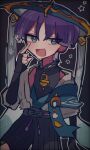  1boy a0lmh_e black_background black_gloves cowboy_shot fang fingerless_gloves genshin_impact gloves hand_up hat highres japanese_clothes male_focus open_mouth purple_hair scaramouche_(genshin_impact) short_hair shorts simple_background solo violet_eyes wanderer_(genshin_impact) 