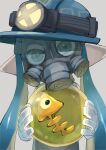  1girl blue_hair blue_helmet egg gas_mask gloves grey_eyes head_tilt helmet highres holding holding_egg inkling inkling_girl inkling_player_character koike3582 light_blue_hair long_hair looking_at_viewer mask mining_helmet pointy_ears salmon_run_(splatoon) solo splatoon_(series) tentacle_hair very_long_hair white_gloves 