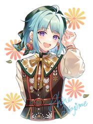  1boy :d adjusting_clothes adjusting_headwear arm_behind_back belt beret black_belt black_vest blue_hair character_name cropped_legs dress_shirt earrings ensemble_stars! floral_background floral_print green_hat hand_up happy hat highres jewelry light_blue_hair looking_at_viewer male_focus neck_ribbon o-ring o-ring_belt otoko_no_ko ribbon shino_(sinotaro_) shino_hajime shirt smile solo tassel tassel_earrings tongue upper_body vest violet_eyes white_shirt yellow_ribbon 