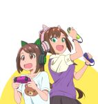  2girls :d absurdres animal_ear_headphones animal_ears animal_print animification bear_print black_headphones black_skirt brown_eyes brown_hair cat_ear_headphones character_request collarbone collared_shirt controller fake_animal_ears game_controller green_eyes hayama_ikumi headphones highres holding holding_controller holding_game_controller joy-con looking_at_viewer multiple_girls nintendo_switch_pro_controller open_mouth pink_headphones pleated_skirt ponytail print_shirt puffy_short_sleeves puffy_sleeves purple_sweater_vest razer real_life sano_keiichi shirt short_hair short_sleeves skirt smile sweater_vest two-tone_background white_background white_shirt yellow_background 