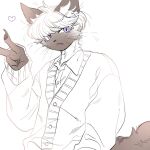 1boy :&lt; animal_ear_fluff animal_ears body_fur cardigan cat cat_boy cat_ears cat_tail claws closed_mouth collared_shirt fang fang_out furry furry_male genderswap genderswap_(ftm) hand_up highres long_sleeves looking_at_viewer male_focus original partially_colored rata_(norahasu) shirt short_hair siamese_cat simple_background slit_pupils tail tiara_(norahasu) upper_body v very_short_hair violet_eyes whiskers white_background 