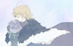  1boy armor black_armor black_fur blonde_hair blue_flower blue_rose bouquet cape closed_eyes commentary covered_mouth dimitri_alexandre_blaiddyd eyepatch fire_emblem fire_emblem:_three_houses flower fur_trim gradient_background green_ribbon hair_behind_ear hair_between_eyes hands_up holding holding_bouquet male_focus one_eye_covered pastel_colors profile ribbon rose simple_background smelling_flower solo srhsr_krhkr upper_body white_fur 