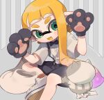 1girl black_shorts blonde_hair blush colored_tongue fang green_eyes inkling_girl inkling_player_character long_hair looking_at_viewer open_mouth pointy_ears sahata_saba shoes shorts smile sneakers solo splatoon_(series) tentacle_hair thick_eyebrows twintails white_footwear yellow_tongue 