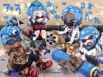  1boy 3girls black_footwear black_pants black_shorts blue_hair boots brown_footwear camouflage camouflage_jacket collarbone crocs dapple_dualies_(splatoon) dark-skinned_female dark-skinned_male dark_skin drooling dual_wielding fang gun heavy_edit_splatling_(splatoon) highres holding holding_gun holding_weapon inkling inkling_girl inkling_player_character jacket jenigata long_sleeves mini_splatling_(splatoon) mouth_drool multiple_girls octoling octoling_boy octoling_girl octoling_player_character open_mouth pants pink_eyes pointy_ears red_footwear shirt shorts sitting sleeping sleeping_upright snowflakes splat_roller_(splatoon) splatoon_(series) splatoon_3 tentacle_hair translation_request violet_eyes weapon white_shirt yellow_footwear 