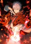  1boy absurdres black_background black_robe blue_eyes blurry cowboy_shot depth_of_field energy fighting_stance gojou_satoru hair_between_eyes highres jujutsu_kaisen light_smile male_focus pointing pointing_at_viewer red_theme robe solo white_hair yoon_(dmsco1803) 