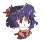  1girl autumn_leaves brown_headband closed_mouth commentary_request cropped_shoulders eyelashes hair_ornament headband korean_commentary leaf_hair_ornament looking_ahead no_lineart purple_hair red_eyes rope_necklace short_hair slit_pupils smile solo touhou waiwa_way yasaka_kanako 