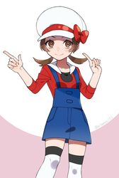  1girl blue_skirt blush bow brown_eyes brown_hair cabbie_hat closed_mouth collarbone hands_up hat hat_bow highres lyra_(pokemon) miniskirt nisanrei121 pokemon pokemon_hgss red_bow red_shirt shirt short_hair skirt sleeves_past_elbows smile solo thigh-highs twintails twitter_username white_hat white_thighhighs zettai_ryouiki 