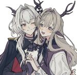  2girls :d alina_(arknights) animal_ears antlers arknights arm_around_waist ascot black_ascot black_cape black_gloves black_jacket black_neckerchief black_vest blue_eyes blush cape closed_mouth deer_ears eye_contact gloves grey_eyes hair_between_eyes hair_intakes holding_hands horns jacket long_hair looking_at_another multiple_girls neckerchief one_eye_closed open_mouth red_cape shirt sidelocks simple_background smile talulah_(arknights) talulah_the_fighter_(arknights) two-sided_cape two-sided_fabric upper_body vest white_background white_hair white_shirt yuri zeiniku_(o0o_niku) 