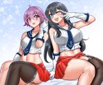  2girls absurdres agano_(kancolle) anchor_print anchor_symbol black_hair black_sailor_collar black_thighhighs blue_necktie blue_sailor_collar breasts dated dress feet_out_of_frame garter_straps gloves green_eyes highres invisible_chair kantai_collection katou_shinobu large_breasts long_hair looking_at_viewer midriff multiple_girls navel necktie one_eye_closed open_mouth pleated_dress pleated_skirt purple_hair red_eyes red_skirt round_teeth sailor_collar sakawa_(kancolle) school_uniform serafuku shirt short_hair single_garter_strap single_thighhigh sitting skirt sleeveless sleeveless_shirt teeth thigh-highs twitter_username upper_teeth_only v_over_eye white_gloves white_shirt 
