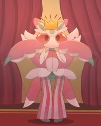  claws colored_skin crown curtains highres looking_at_viewer lurantis mosseso_sefu no_humans pink_skin pokemon pokemon_(creature) red_eyes solo stage standing 