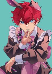  1boy absurdres amagi_hiiro animal_ears aqua_background back_bow bishounen black_shorts black_sweater blue_eyes bow bowtie cherry cowboy_shot double-parted_bangs earrings ensemble_stars! eyes_visible_through_hair fake_animal_ears food frilled_shirt_collar frills fruit hair_between_eyes hair_over_eyes heidbd highres holding holding_food holding_fruit jewelry knee_up long_sleeves looking_ahead male_focus pantyhose parted_lips pearl_earrings peter_pan_collar pink_bow pink_pantyhose puffy_long_sleeves puffy_sleeves rabbit_ears redhead short_hair shorts simple_background single_floppy_ear sitting sleeve_cuffs solo sweater 