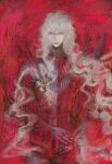  1boy armor berserk blue_eyes cuirass curly_hair ellphael griffith_(berserk) highres knight long_hair looking_ahead looking_at_mirror mirror own_hands_together plate_armor portrait_of_king_charles_iii_(jonathan_yeo) red_background red_theme solo white_hair 