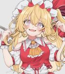  1girl alternate_hair_length alternate_hairstyle ascot bare_shoulders blonde_hair buttons center_frills clothing_cutout commentary_request crop_top cropped_vest crossed_bangs fangs flandre_scarlet frilled_ascot frilled_shirt_collar frills grey_background grey_eyes hair_between_eyes hands_in_own_hair hands_up hat heart heart_in_eye long_hair looking_at_viewer mob_cap open_mouth orange_ascot pink_eyes puffy_sleeves red_vest shirt shoulder_cutout smile solo symbol_in_eye touhou uchisaki_himari upper_body vest white_hat white_shirt wrist_cuffs 