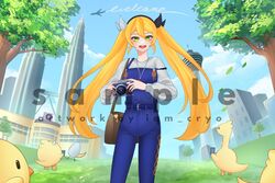  1girl :d aircraft airplane bag blonde_hair blue_overalls camera commentary dokibird_(vtuber) dokibird_(vtuber)_(retro_doki) dragoon_(dokibird) english_commentary english_text green_eyes handbag holding holding_camera iam_cryo indie_virtual_youtuber kuala_lumpur outdoors overalls petronas_twin_towers sample_watermark shirt sky smile tree twintails virtual_youtuber watermark white_shirt 