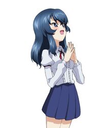  1girl arm_garter blue_eyes blue_hair blue_skirt commission cowboy_shot dress_shirt eclair_(girls_und_panzer) girls_und_panzer juliet_sleeves kayabakoro long_hair long_sleeves looking_to_the_side maginot_school_uniform miniskirt neck_ribbon open_mouth own_hands_together pixiv_commission pleated_skirt puffy_sleeves red_ribbon ribbon school_uniform shirt simple_background skirt smile solo standing white_background white_shirt 