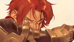  1boy angry arm_up armor blood blood_on_face close-up commentary covering_own_mouth crying derivative_work fire_emblem fire_emblem:_three_houses fur_trim furrowed_brow gauntlets hair_behind_ear highres looking_to_the_side male_focus parody parted_bangs pauldrons red_fur redhead saint_tears shoulder_armor signature simple_background solo sylvain_jose_gautier teardrop tears upper_body white_background yellow_eyes 