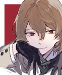  1boy akechi_gorou black_gloves border brown_hair brown_jacket caddy_cyd closed_mouth gloves hair_between_eyes jacket long_sleeves looking_to_the_side male_focus persona persona_5 portrait red_background red_eyes shadow shirt short_hair smile solo white_border white_shirt 