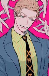  1boy blonde_hair collared_shirt diamond_wa_kudakenai disembodied_hand green_eyes jacket jojo_no_kimyou_na_bouken kira_yoshikage looking_at_viewer male_focus pink_background shirt short_hair smile striped_clothes striped_shirt u_(lastcrime) upper_body 