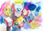  1boy armor blonde_hair blue_eyes chest_jewel commentary forehead_jewel from_above helmet long_hair looking_at_viewer looking_up male_focus mega_man_(series) mega_man_x_(series) red_armor red_helmet solo thumbs_up twitter_username upper_body yamanashi_taiki z_saber zero_(mega_man) 