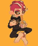  1boy agent_8_(splatoon) alternate_costume anklet barefoot black_hoodie black_pants blush_stickers chopsticks commentary cup eating food_in_mouth full_body holding holding_chopsticks holding_cup hood hood_down hoodie indian_style jewelry looking_to_the_side male_focus octoling_boy octoling_player_character orange_background orange_eyes outline pants print_hoodie ramen redhead short_hair sitting solo splatoon_(series) splatoon_2 splatoon_2:_octo_expansion suction_cups tentacle_hair thick_eyebrows white_outline ze090 