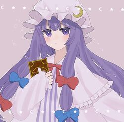  1girl asumi276 blue_bow blush book bow bowtie closed_mouth commentary crescent crescent_hat_ornament dress hair_bow hat hat_ornament highres holding holding_book long_hair looking_at_viewer mob_cap patchouli_day patchouli_knowledge purple_hair red_bow red_bowtie solo star_(symbol) striped_clothes striped_dress touhou vertical-striped_clothes vertical-striped_dress violet_eyes 