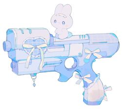 blue_theme bow charm_(object) gun heart limited_palette no_humans original patch pepparmint310 simple_background stuffed_animal stuffed_rabbit stuffed_toy three_quarter_view toy_gun weapon weapon_focus white_background white_bow white_fur 